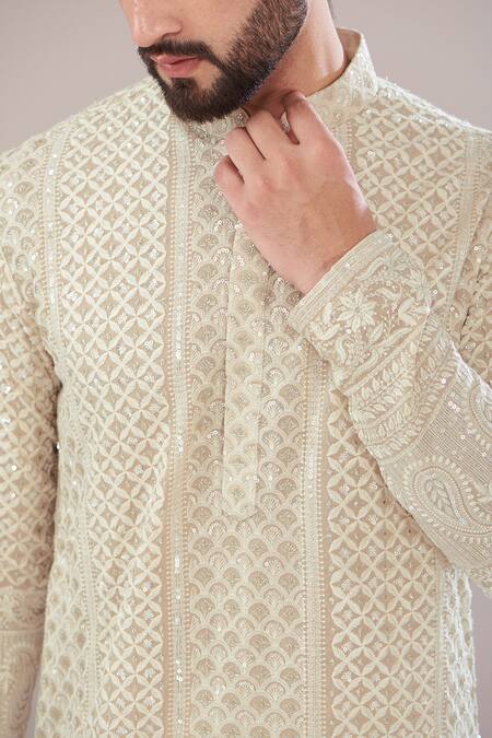 Buy_Kasbah_Beige Georgette Sequins, Embroidery Lucknowi Thread And Work _Online_at_Aza_Fashions