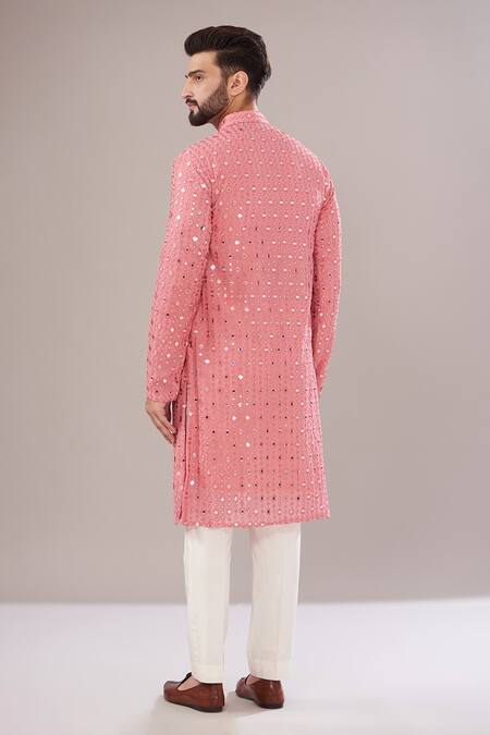 Shop_Kasbah_Coral Georgette Mirrors, Sequins, Embroidery Work Kurta _at_Aza_Fashions