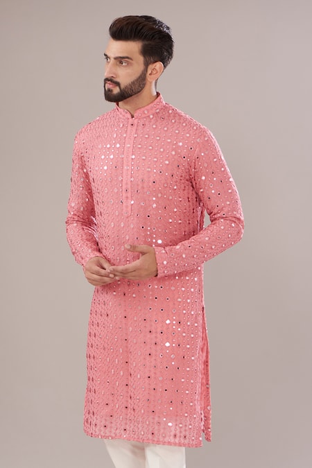 Kasbah_Coral Georgette Mirrors, Sequins, Embroidery Work Kurta _Online_at_Aza_Fashions