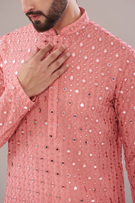 Buy_Kasbah_Coral Georgette Mirrors, Sequins, Embroidery Work Kurta _Online_at_Aza_Fashions