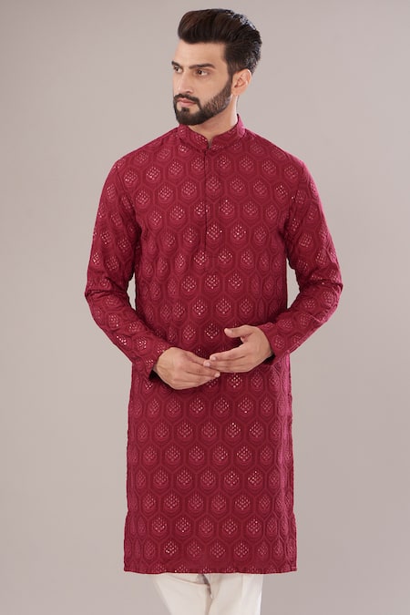 Kasbah Red Silk Embroidery, Sequins Chikankari Kurta Set Online at Aza Fashions Kasbah_Red Silk Embroidery, Sequins Chikankari Kurta Set _Online_at_Aza_Fashions