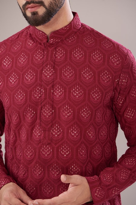 Buy Kasbah Red Silk Embroidery, Sequins Chikankari Kurta Set Online at Aza Fashions Buy_Kasbah_Red Silk Embroidery, Sequins Chikankari Kurta Set _Online_at_Aza_Fashions