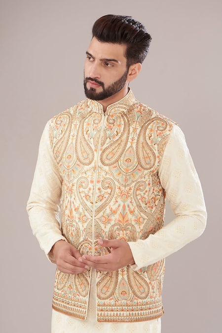 Kasbah Ivory Georgette Sequins Kashmiri Paisley Nehru Jacket Online at Aza Fashions Kasbah_Ivory Georgette Sequins Kashmiri Paisley Nehru Jacket _Online_at_Aza_Fashions