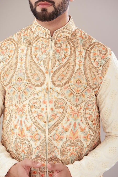Buy Kasbah Ivory Georgette Sequins Kashmiri Paisley Nehru Jacket Online at Aza Fashions Buy_Kasbah_Ivory Georgette Sequins Kashmiri Paisley Nehru Jacket _Online_at_Aza_Fashions
