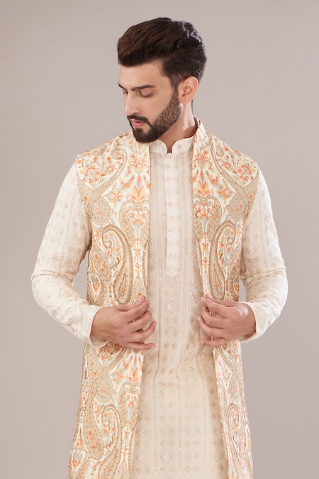 Kasbah_Ivory Georgette Embroidery Paisley Nehru Jacket _Online_at_Aza_Fashions