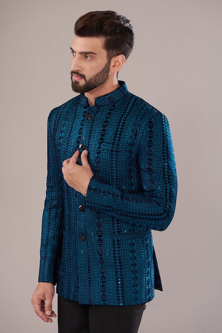 Kasbah Blue Velvet Embroidery Aztec Bandhgala Online at Aza Fashions Kasbah_Blue Velvet Embroidery Aztec Bandhgala _Online_at_Aza_Fashions