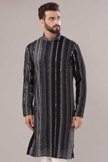 Kasbah_Black Georgette Sequins And Mirror Embroidered Kurta_Online_at_Aza_Fashions
