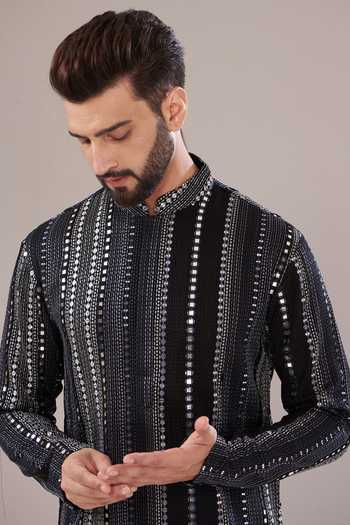 Buy_Kasbah_Black Georgette Sequins And Mirror Embroidered Kurta_Online_at_Aza_Fashions