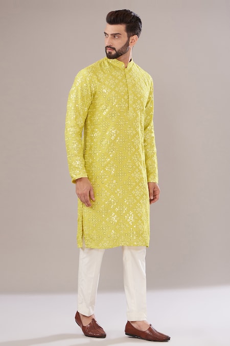 Kasbah Yellow Silk, Cotton Mirrors Flora Embroidered Kurta Set 