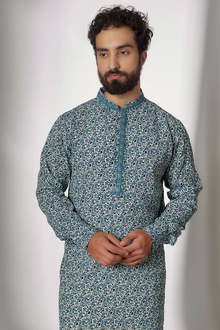 Spring Break_Blue Cotton Embroidery Printed Short Kurta Set _Online_at_Aza_Fashions