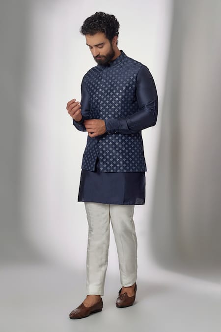 Buy Benstoke Men's Silk Blend Navy Blue Kurta With Pyjama & Black Printed Nehru  Jacket Online at Best Prices in India - JioMart.