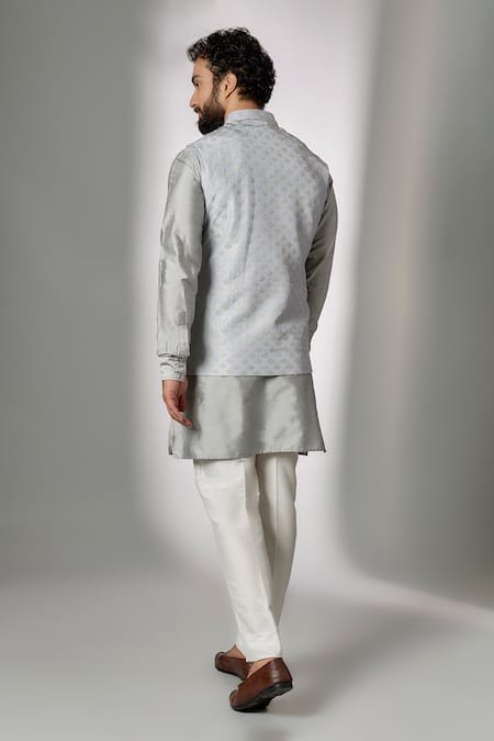 Spring Break Grey Embroidered Nehru Jacket & Kurta Set 