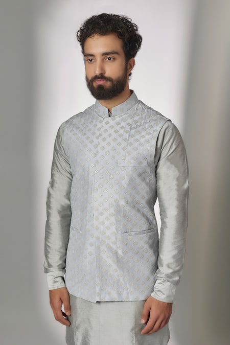 Spring Break_Gray Silk, Satin, Grey Embroidered Nehru Jacket And Kurta Set _Online_at_Aza_Fashions
