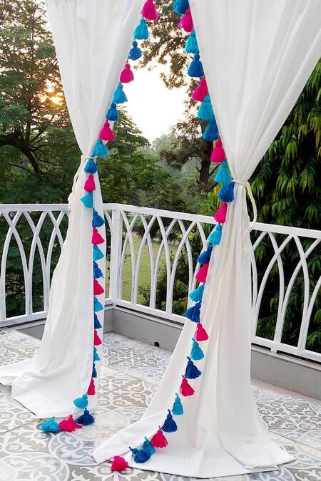 Shop Throwpillow White Polyester Plain Tassel Border Curtains - Set Of 2 Online at Aza Fashions Shop_Throwpillow_White Polyester Plain Tassel Border Curtains - Set Of 2_Online_at_Aza_Fashions