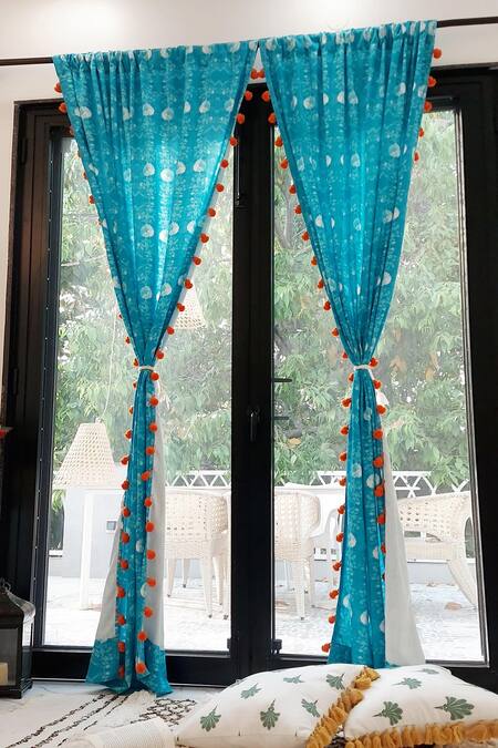 Shop_Throwpillow_Blue Polyester Printed Floral Curtains - Set Of 2_at_Aza_Fashions