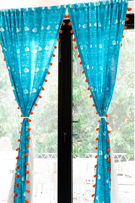 Throwpillow_Blue Polyester Printed Floral Curtains - Set Of 2_Online_at_Aza_Fashions