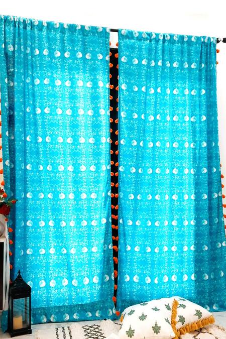 Throwpillow_Blue Polyester Printed Floral Curtains - Set Of 2_at_Aza_Fashions