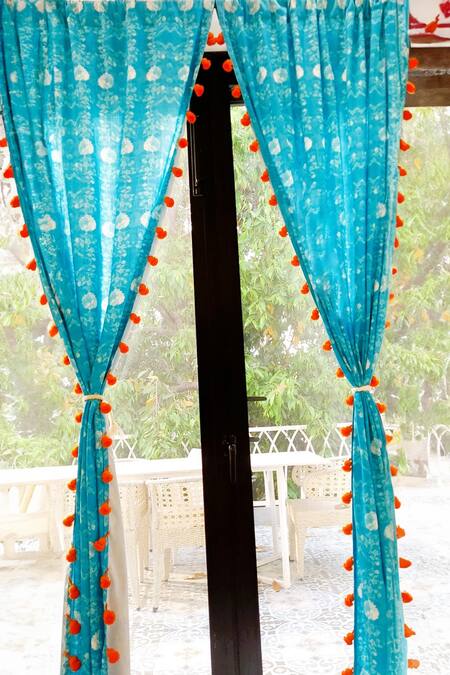 Buy_Throwpillow_Blue Polyester Printed Floral Curtains - Set Of 2