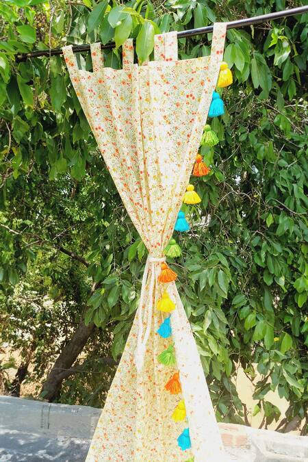 Shop_Throwpillow_Cream Polyester Printed Flower Curtains - Set Of 2_at_Aza_Fashions