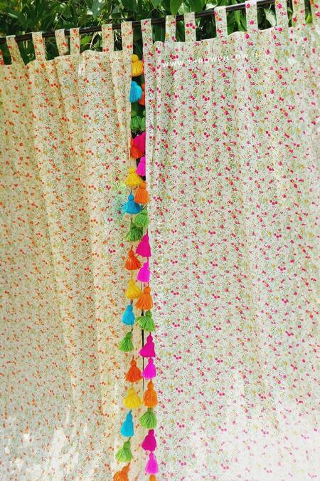 Throwpillow_Cream Polyester Printed Flower Curtains - Set Of 2_Online_at_Aza_Fashions