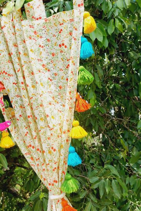 Shop_Throwpillow_Cream Polyester Printed Flower Curtains - Set Of 2_Online_at_Aza_Fashions