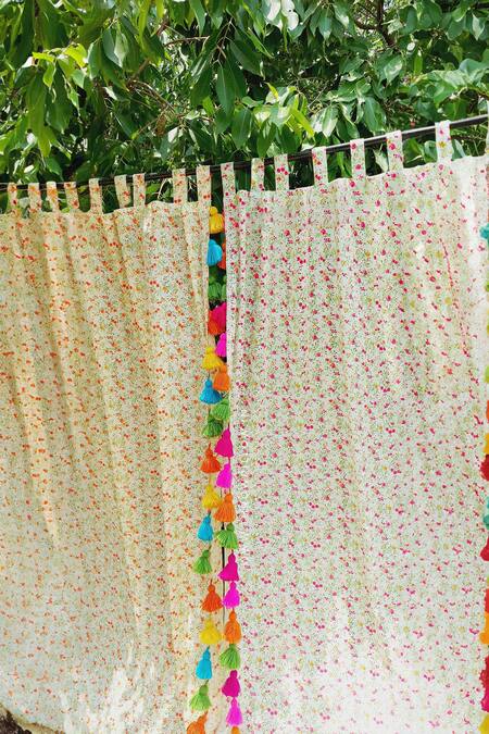 Throwpillow_Cream Polyester Printed Flower Curtains - Set Of 2_at_Aza_Fashions