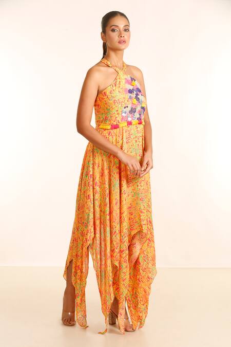 Garo_Yellow Silk, Muslin Tassels Halter Neck Cross Asymmetric Dress _Online_at_Aza_Fashions