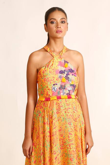 Buy_Garo_Yellow Silk, Muslin Tassels Halter Neck Cross Asymmetric Dress _Online_at_Aza_Fashions
