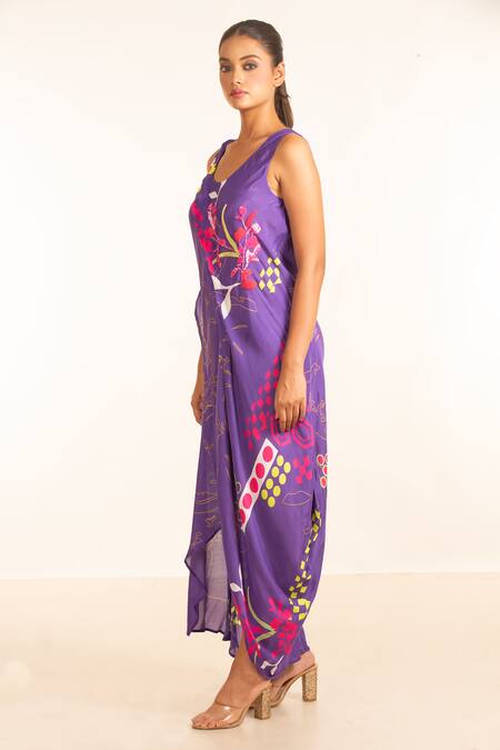 Garo_Purple Silk, Muslin Beads Round Neck Pleated Draped Dress _Online_at_Aza_Fashions