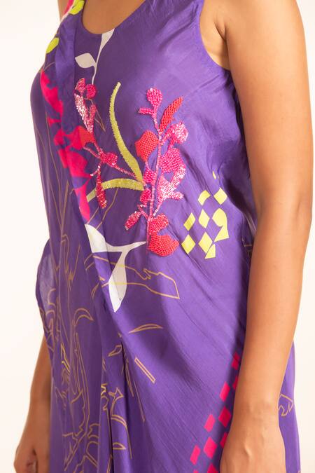 Buy_Garo_Purple Silk, Muslin Beads Round Neck Pleated Draped Dress _Online_at_Aza_Fashions