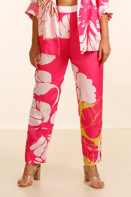 Garo_Pink Silk, Muslin Sequins Mandarin Collar, Floral Pattern Jacket And Pant Set _Online_at_Aza_Fashions