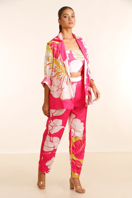 Buy_Garo_Pink Silk, Muslin Sequins Mandarin Collar, Floral Pattern Jacket And Pant Set _Online_at_Aza_Fashions