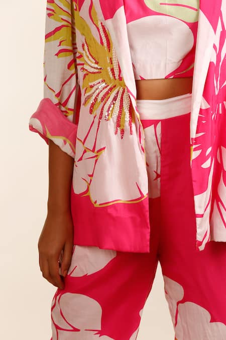 Shop_Garo_Pink Silk, Muslin Sequins Mandarin Collar, Floral Pattern Jacket And Pant Set _Online_at_Aza_Fashions
