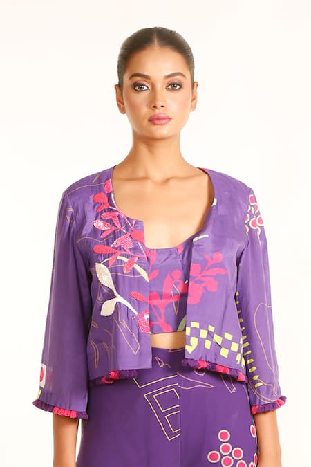 Garo_Purple Silk, Muslin, Chiffon Sequins Floral Pattern Cropped Jacket And Palazzo Set _Online_at_Aza_Fashions