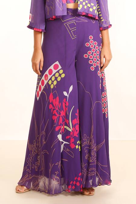 Buy_Garo_Purple Silk, Muslin, Chiffon Sequins Floral Pattern Cropped Jacket And Palazzo Set _Online_at_Aza_Fashions