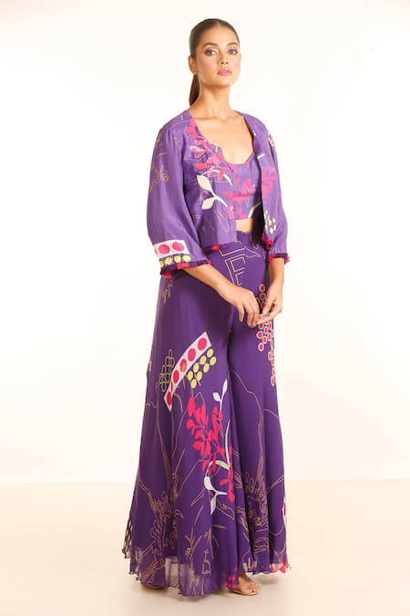 Shop_Garo_Purple Silk, Muslin, Chiffon Sequins Floral Pattern Cropped Jacket And Palazzo Set _Online_at_Aza_Fashions