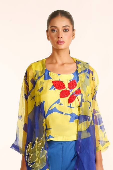 Garo_Blue Organza, Silk, Cotton Embroidery, Asymmetric Jacket With Flared Pant Set _Online_at_Aza_Fashions