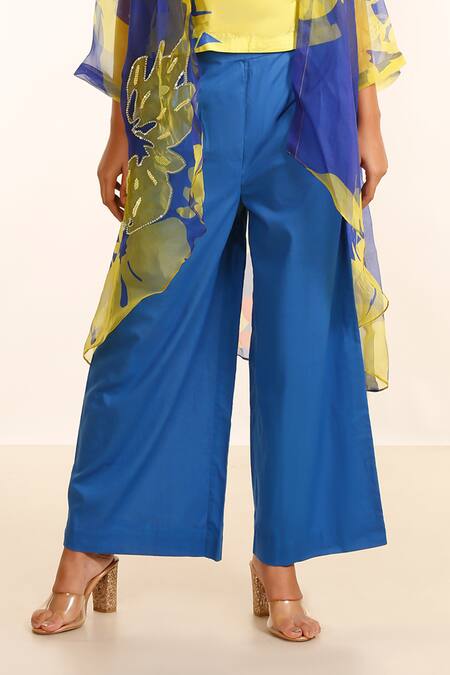 Buy_Garo_Blue Organza, Silk, Cotton Embroidery, Asymmetric Jacket With Flared Pant Set _Online_at_Aza_Fashions