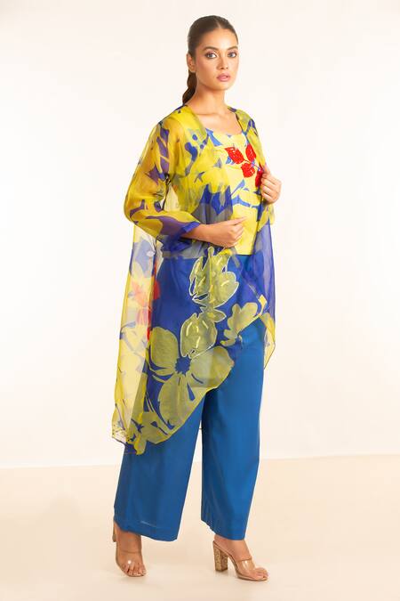 Shop_Garo_Blue Organza, Silk, Cotton Embroidery, Asymmetric Jacket With Flared Pant Set _Online_at_Aza_Fashions