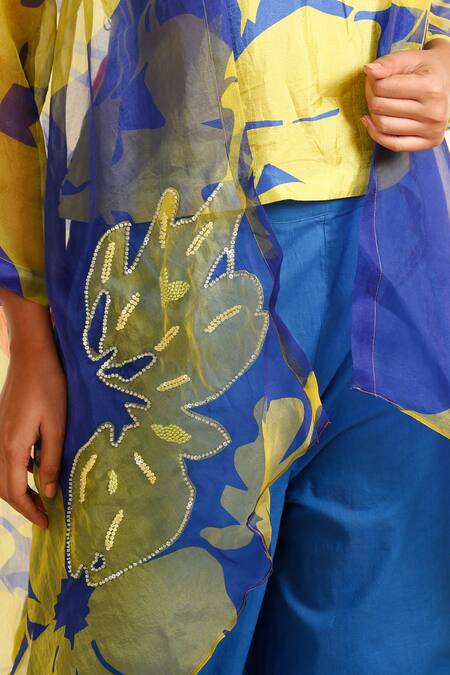 Garo_Blue Organza, Silk, Cotton Embroidery, Asymmetric Jacket With Flared Pant Set _at_Aza_Fashions