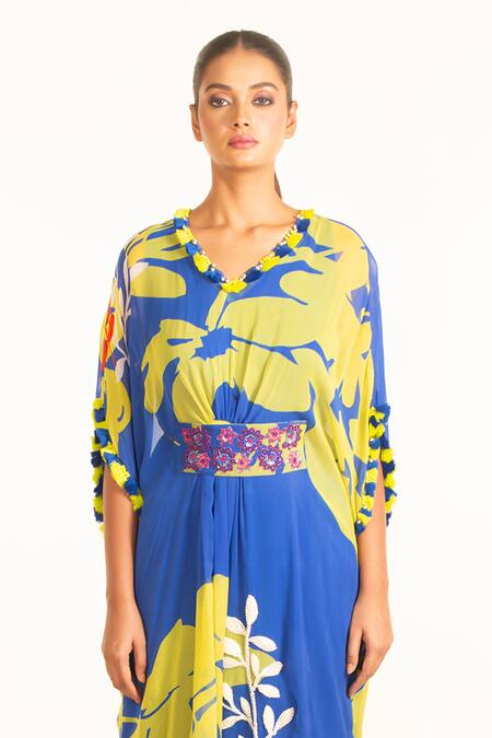 Buy_Garo_Blue Chiffon, Cotton Embroidery V-neck Floral Pattern Kaftan And Pant Set _Online_at_Aza_Fashions