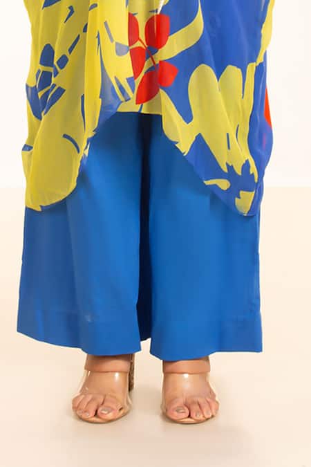 Shop_Garo_Blue Chiffon, Cotton Embroidery V-neck Floral Pattern Kaftan And Pant Set _Online_at_Aza_Fashions