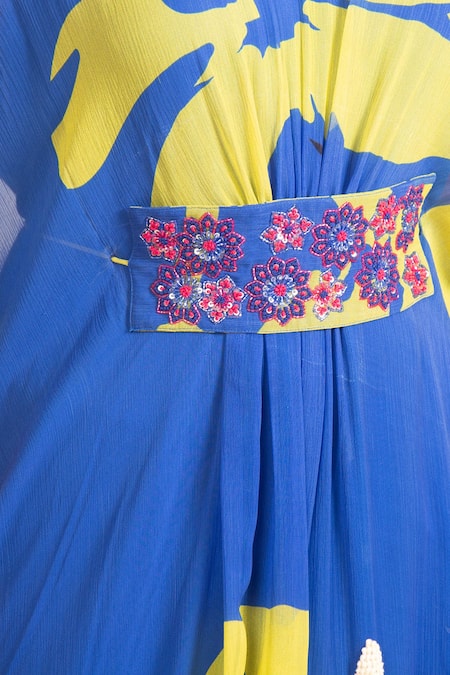 Buy_Garo_Blue Chiffon, Cotton Embroidery V-neck Floral Pattern Kaftan And Pant Set 