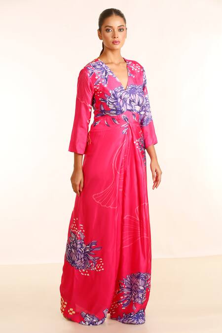 Garo_Pink Denim Embroidery V-neck Floral Pattern Draped Jumpsuit _Online_at_Aza_Fashions