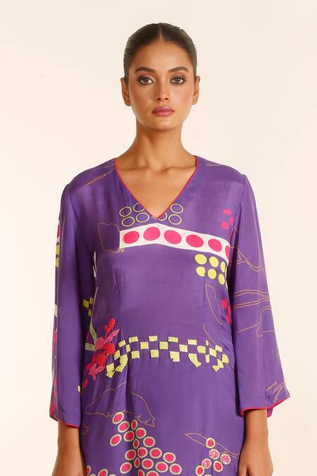 Buy_Garo_Purple Silk, Muslin, Cotton Embroidery Geometric Pattern Kurta And Flared Pant Set _Online_at_Aza_Fashions