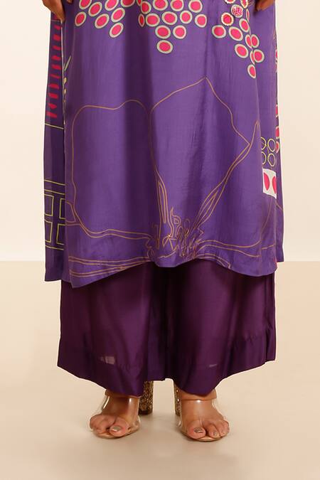 Shop_Garo_Purple Silk, Muslin, Cotton Embroidery Geometric Pattern Kurta And Flared Pant Set _Online_at_Aza_Fashions