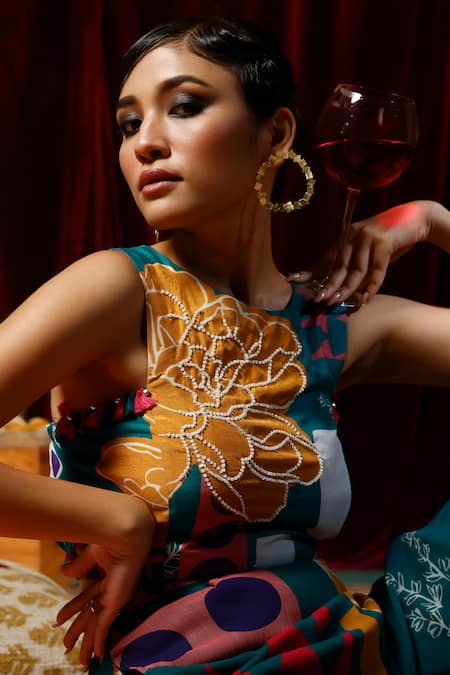 Shop_Garo_Green Silk, Muslin, Chiffon Tassels Round Geometric And Floral Pattern Pant Set _Online_at_Aza_Fashions