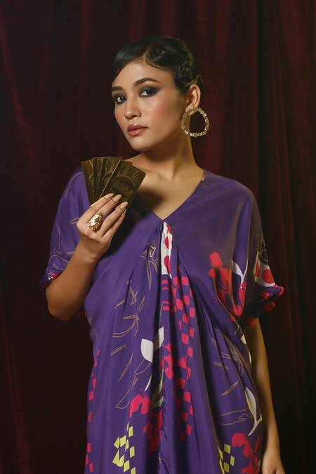 Garo_Purple Cotton Tassels V-neck Abstract Pattern Draped Dress _Online_at_Aza_Fashions