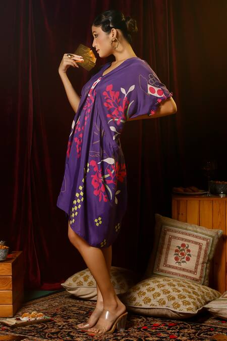Buy_Garo_Purple Cotton Tassels V-neck Abstract Pattern Draped Dress _Online_at_Aza_Fashions