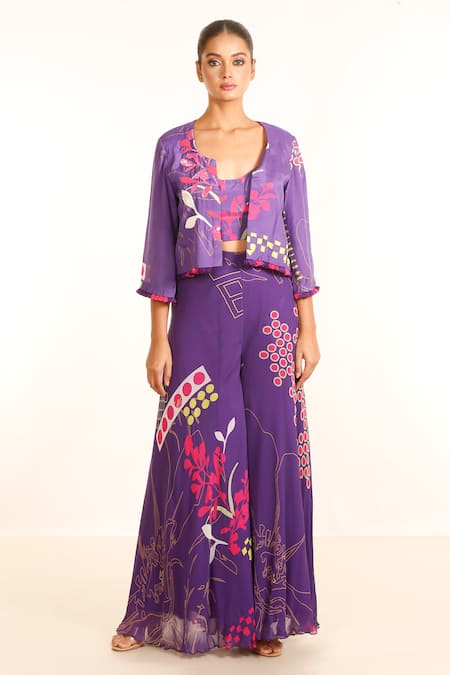 Garo Purple Jacket And Bustier Silk Muslin Floral Pattern Cropped & Palazzo Set 